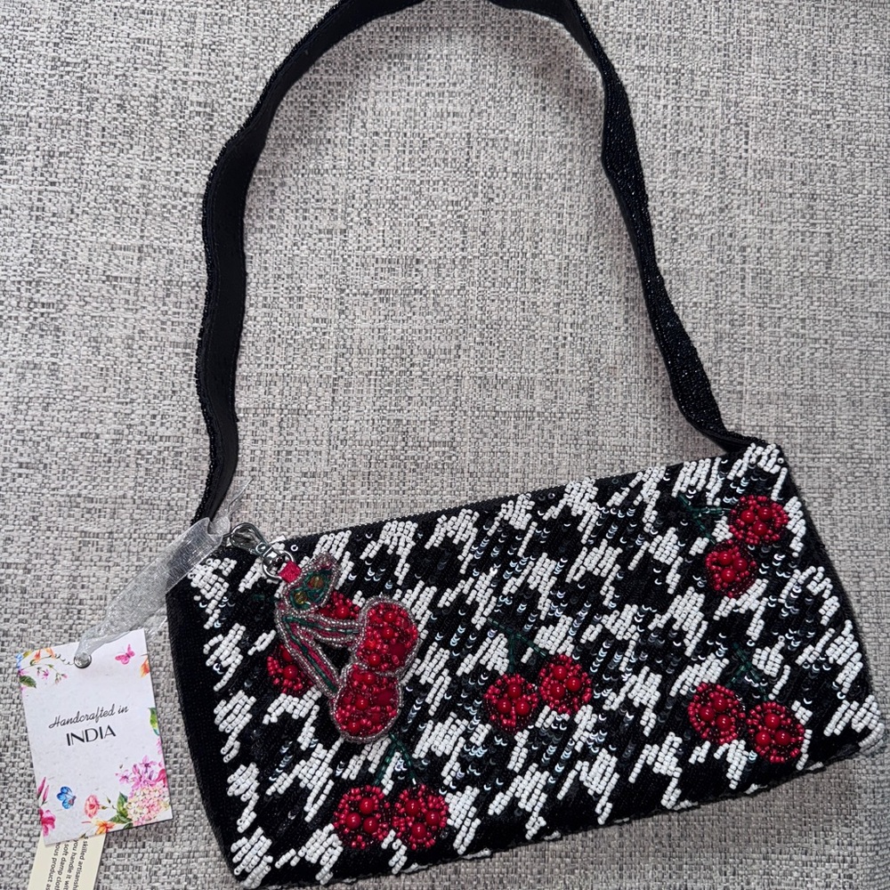 NWT VIRAL Black and White Beaded Handbag with Red Cherry Design